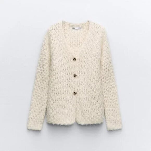 ZARA Structured Wool & Alpaca Blend Knit Cardigan SZ M Ecru NWT - Picture 9 of 9